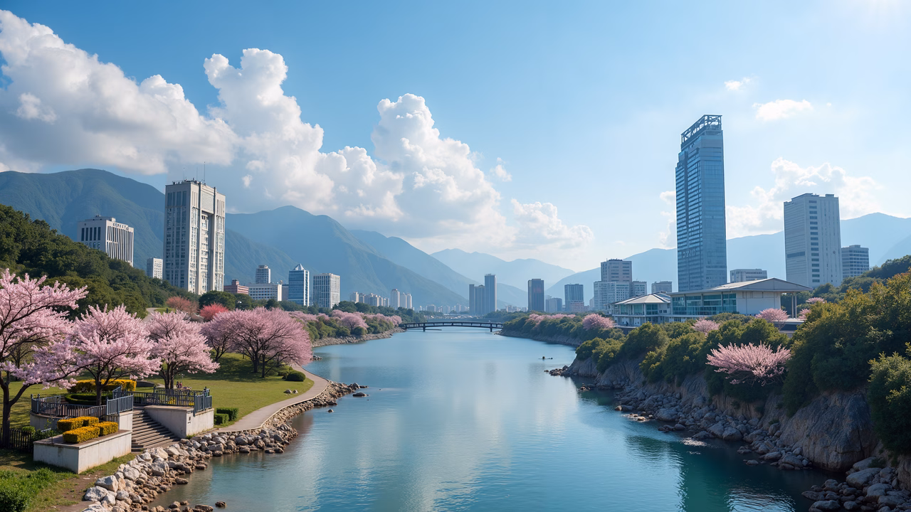 Panoramic view of a city with cherry blossoms and modern skyscrapers.