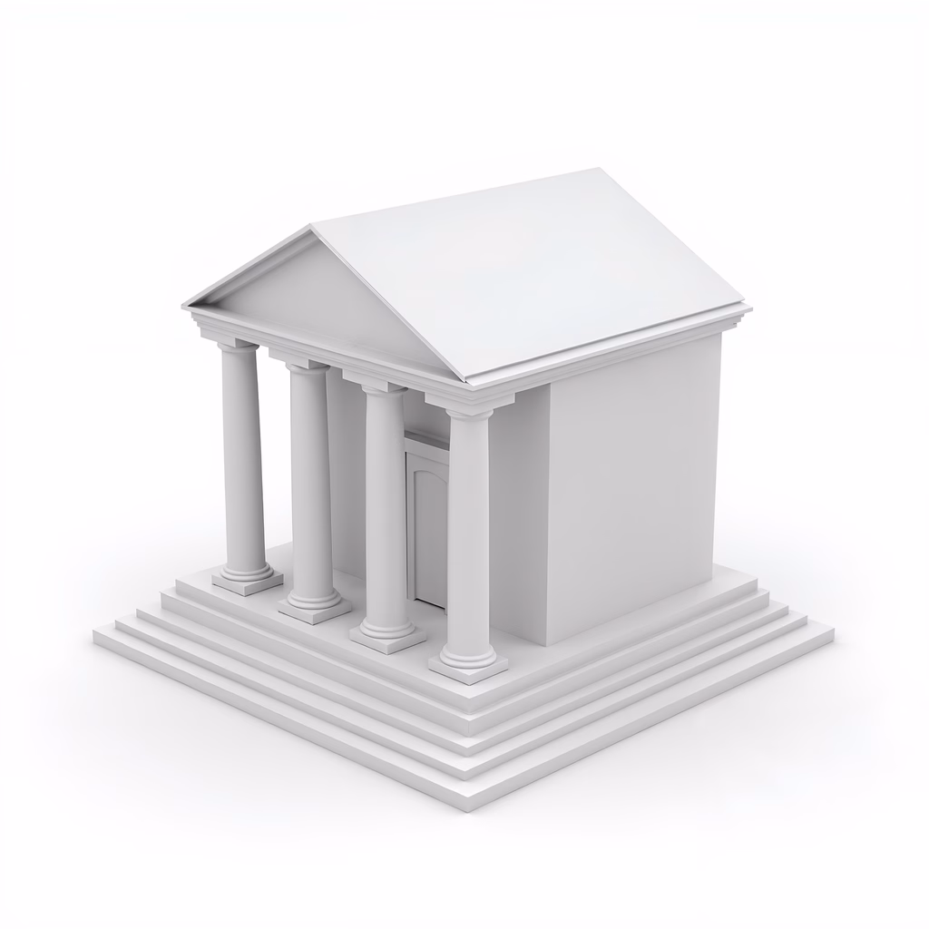 Minimalist classical temple illustration with four columns and a triangular pediment.