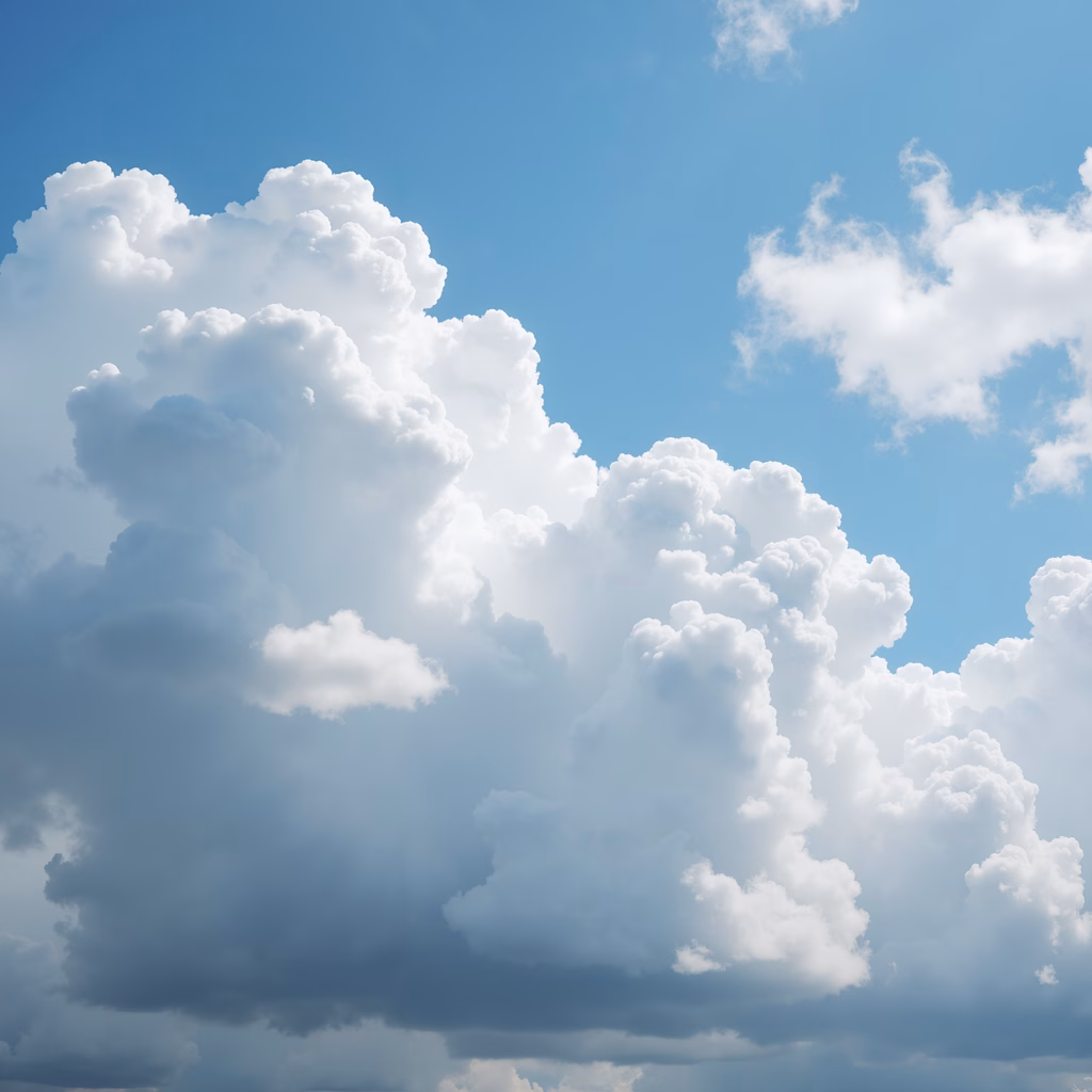 Vibrant sky with fluffy clouds and soft sunlight filtering through