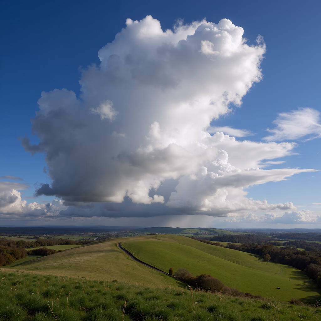 Rolling hills under a cloudy sky, serene and picturesque.