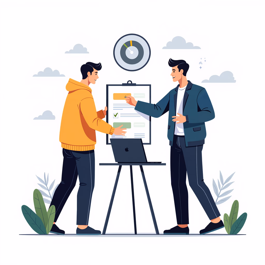 Two professionals collaborate in a business setting, discussing a document on a clipboard.