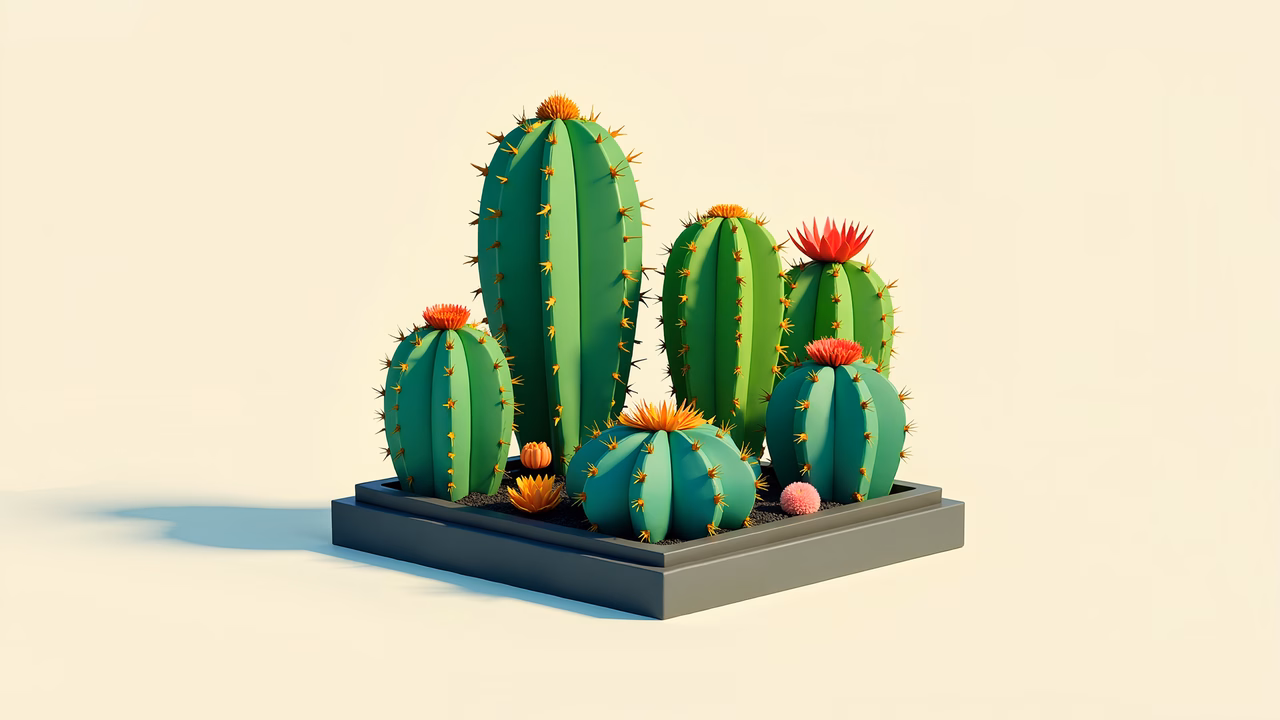 Brightly colored cacti with orange spines on a neutral background.