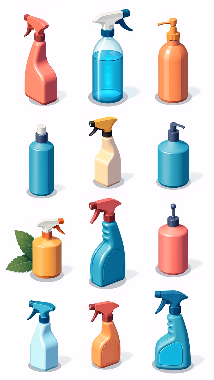 Vibrant, colorful spray bottles arranged in a grid on a clean white background.