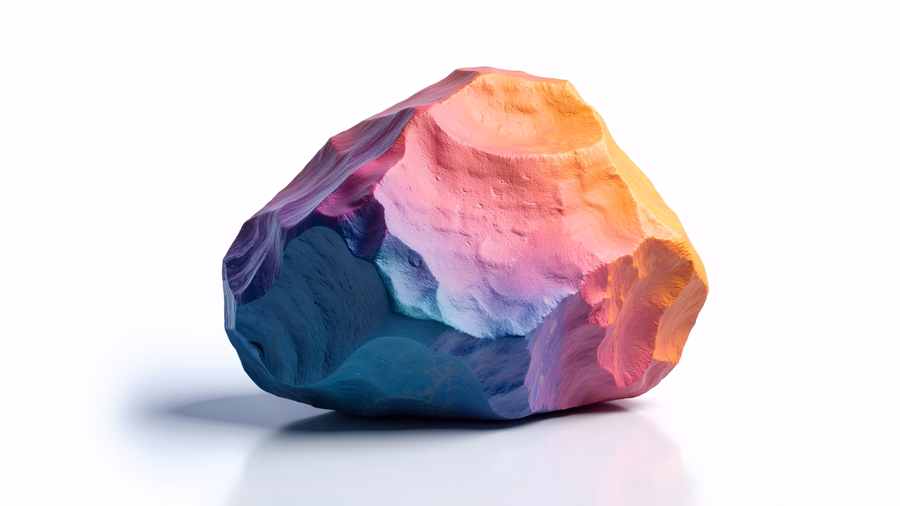A colorful, textured rock illustration with a gradient of hues.
