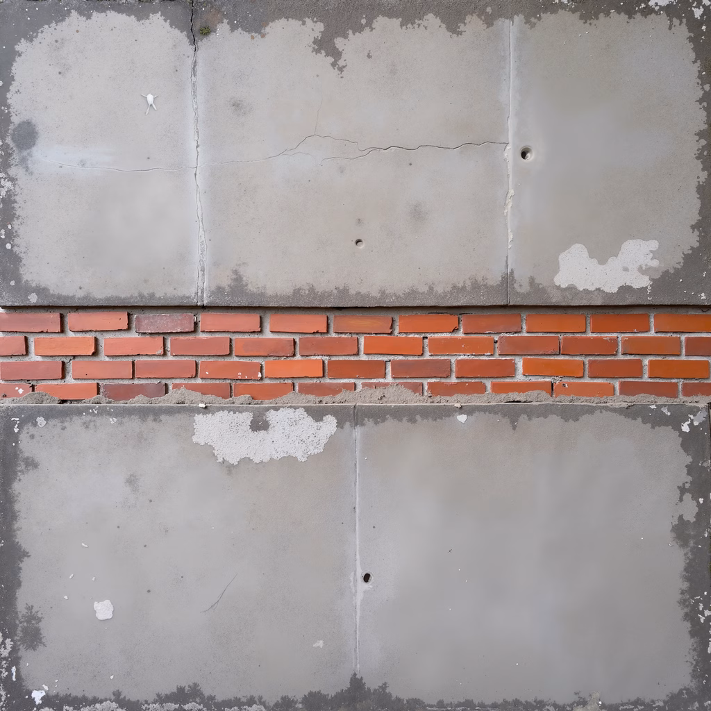 Close-up of concrete wall with red bricks, urban decay, architectural details.