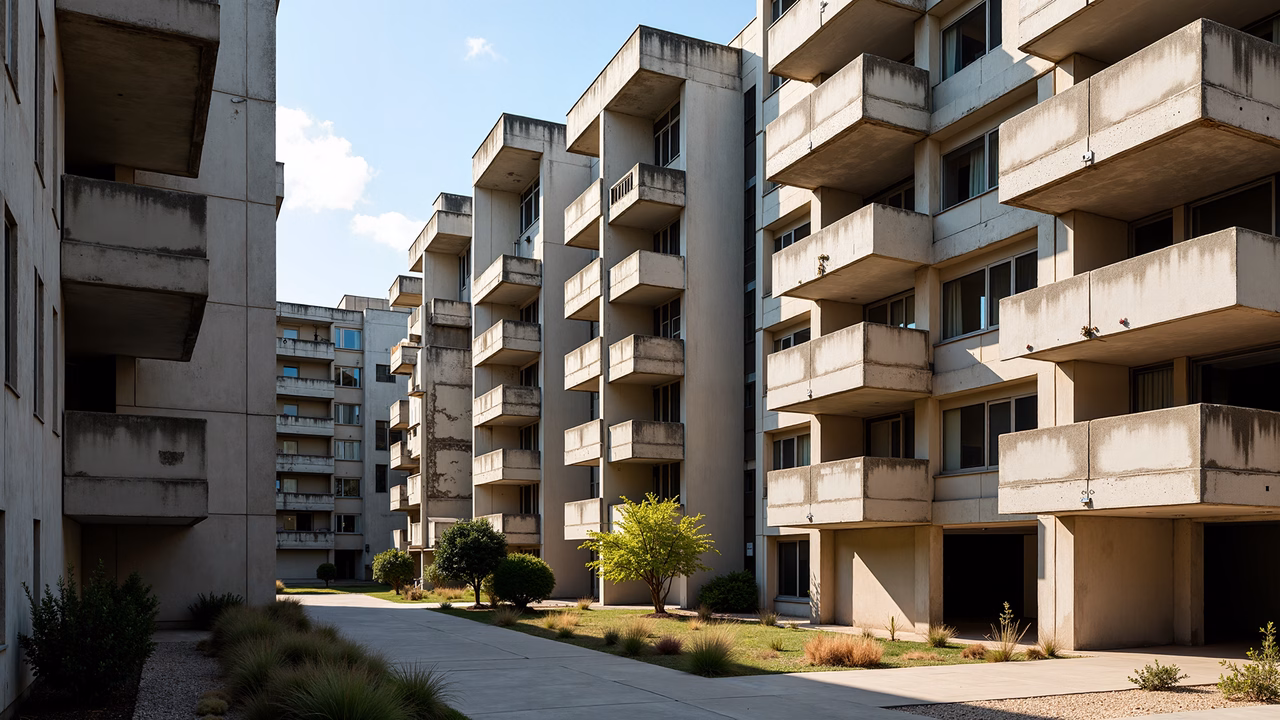 Modernist concrete architecture with natural accents and serene sky.
