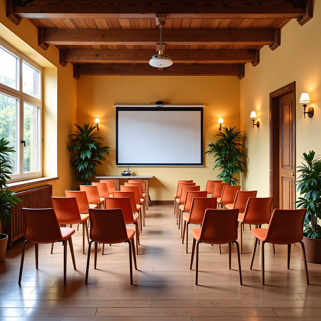 Modern conference room with wooden beams, orange chairs, and natural light.