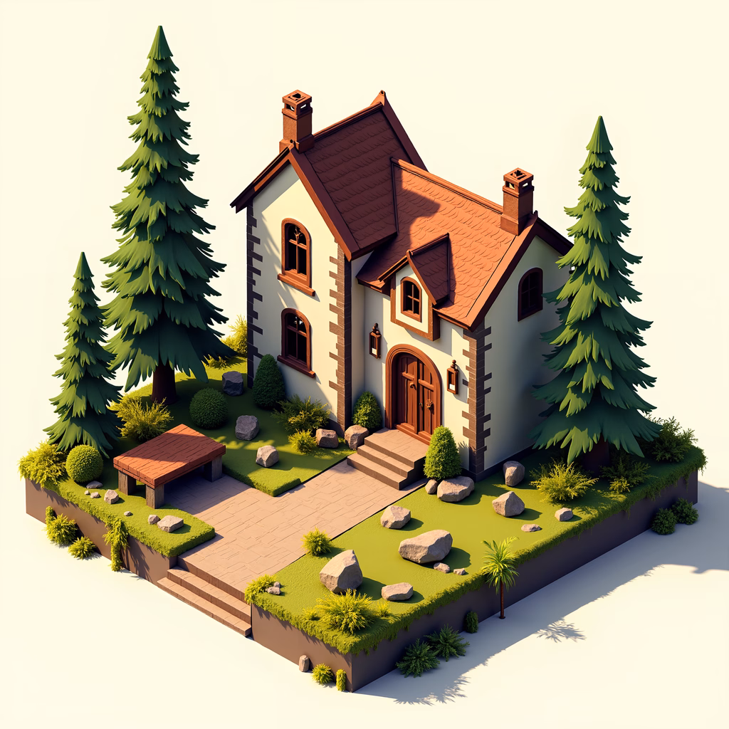 A cozy two-story cottage surrounded by greenery and pine trees.