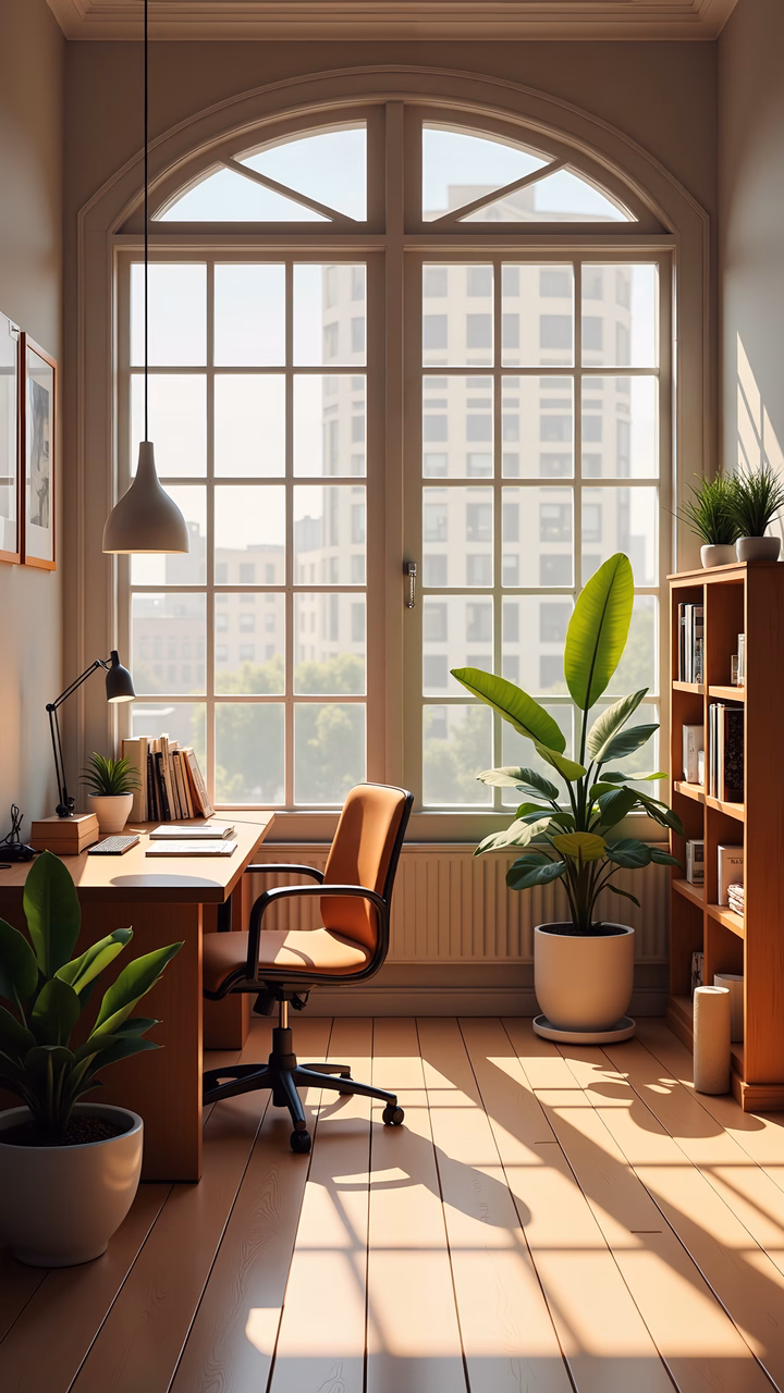 A modern home office with natural light and greenery, creating a peaceful workspace.