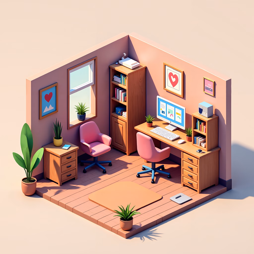 A cozy home office corner with wooden furniture and pastel colors.