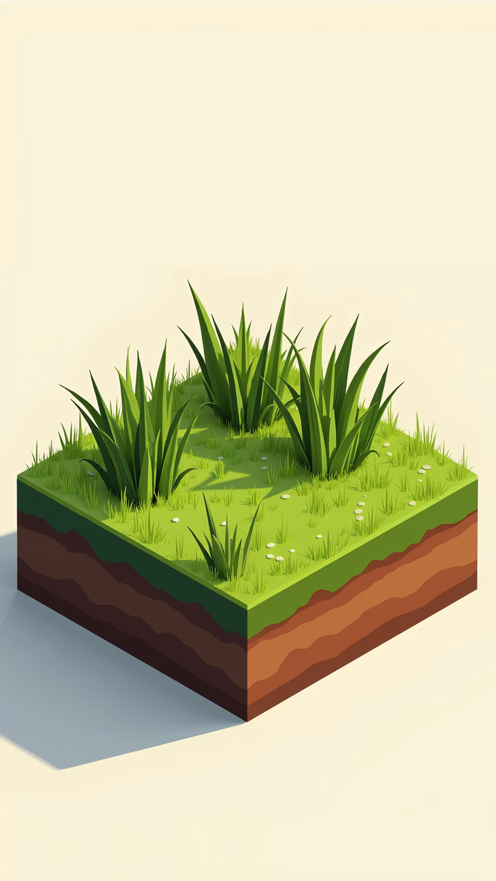 Cross-sectional view of vibrant green grass and rich soil layers.
