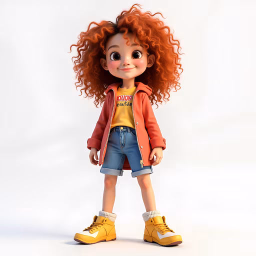 Curly-haired Girl in Cartoon Style