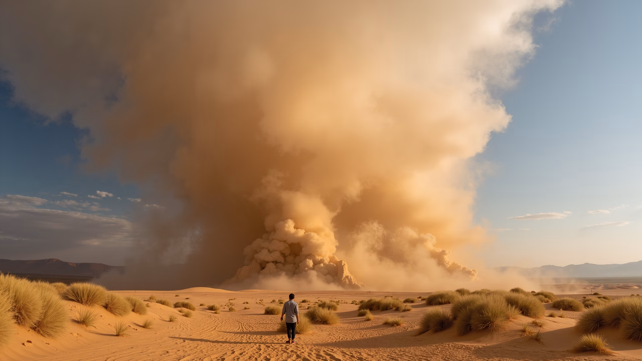 A solitary figure confronts a towering dust storm in a desert landscape.