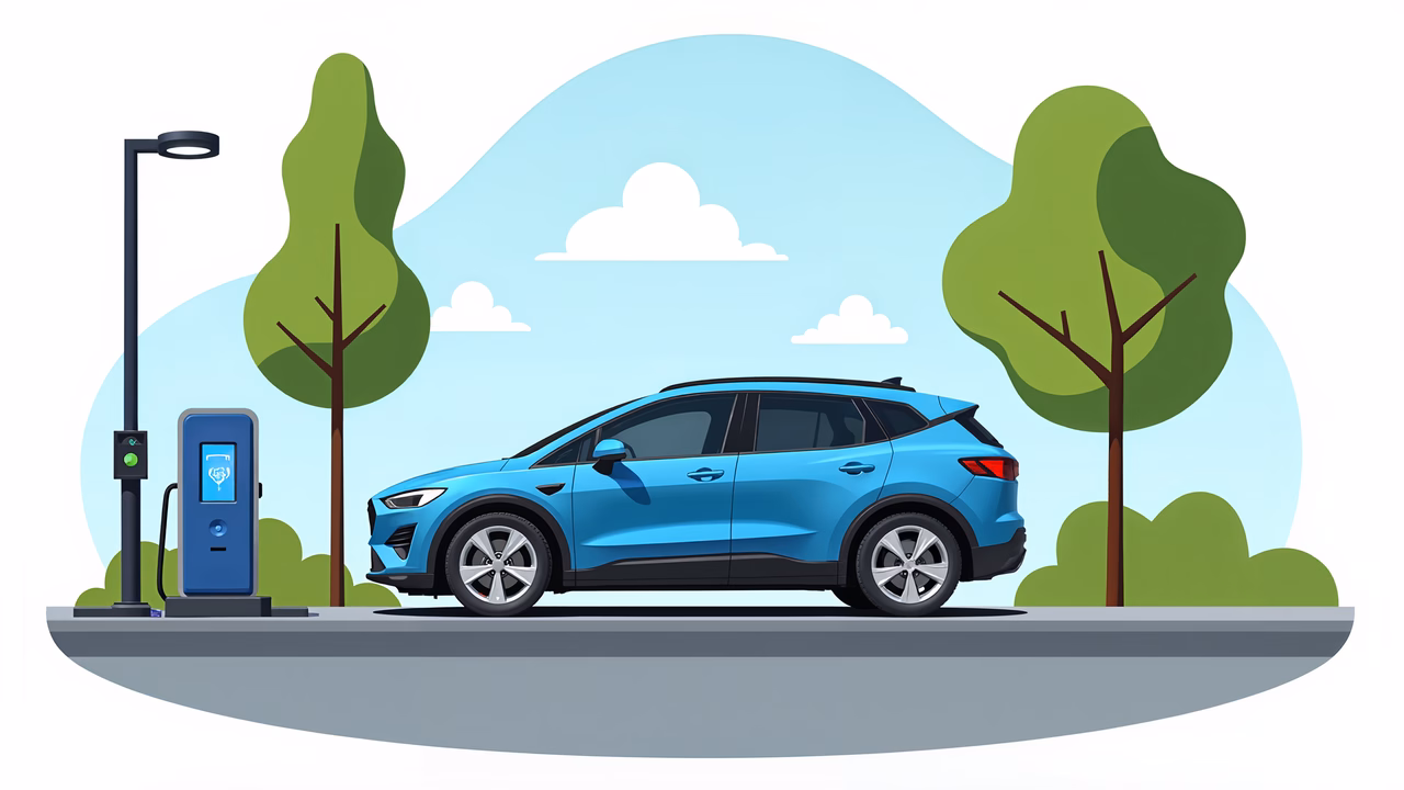 A blue electric car charges in a peaceful suburban setting.
