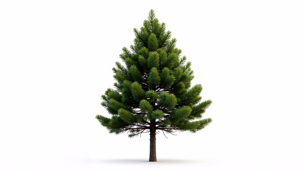 Detailed evergreen tree illustration with vibrant green and stark white background.