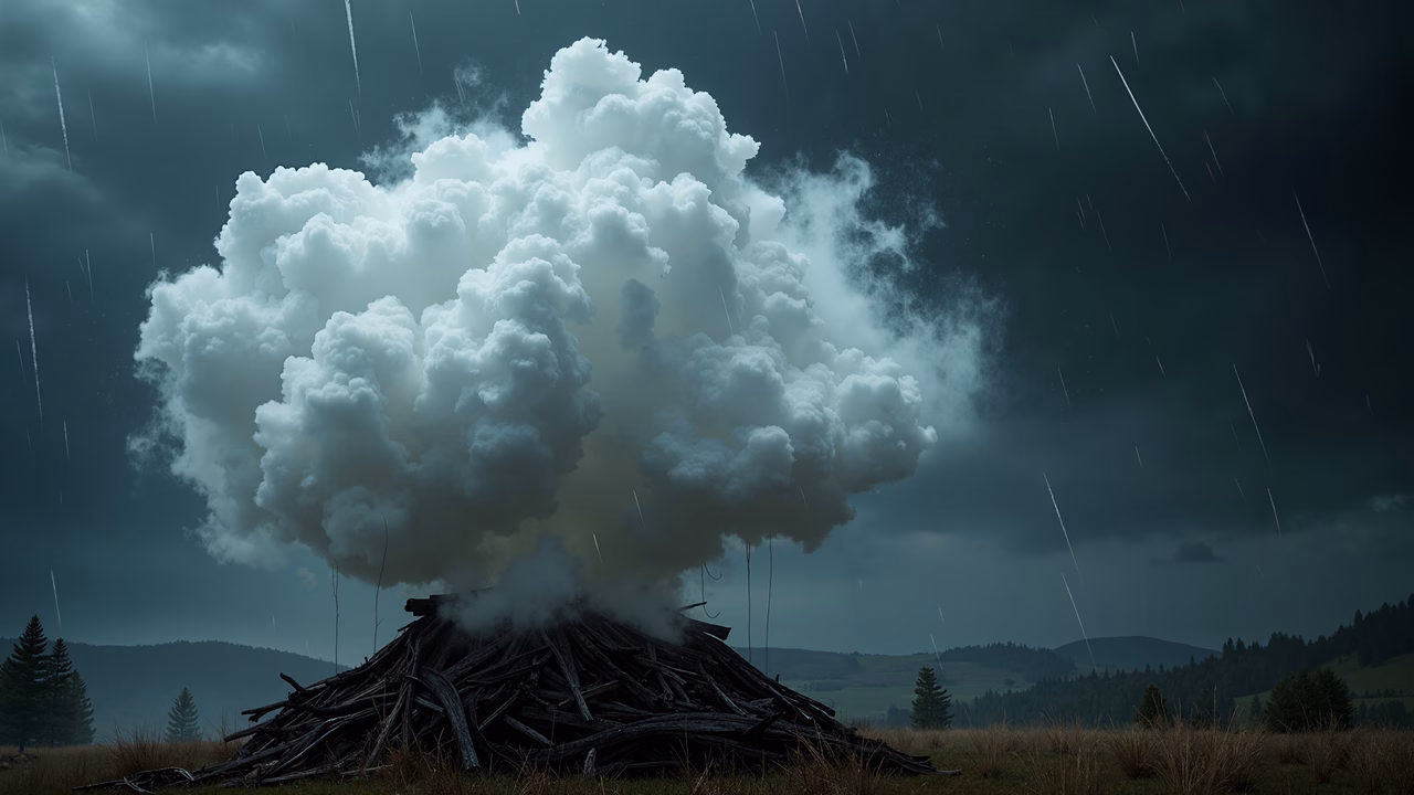 Dramatic explosion over a pile of logs in a stormy landscape.