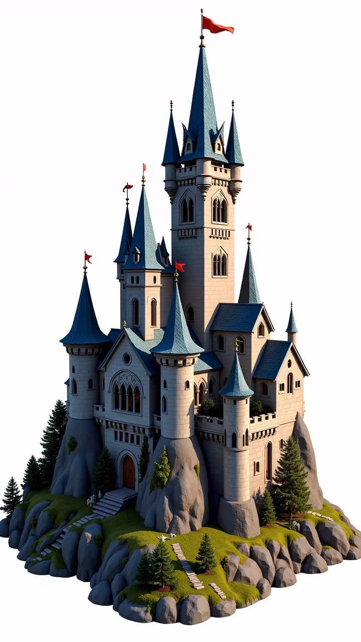 A fairy tale castle with blue rooftops and red flags, set against a backdrop of greenery and rocks.