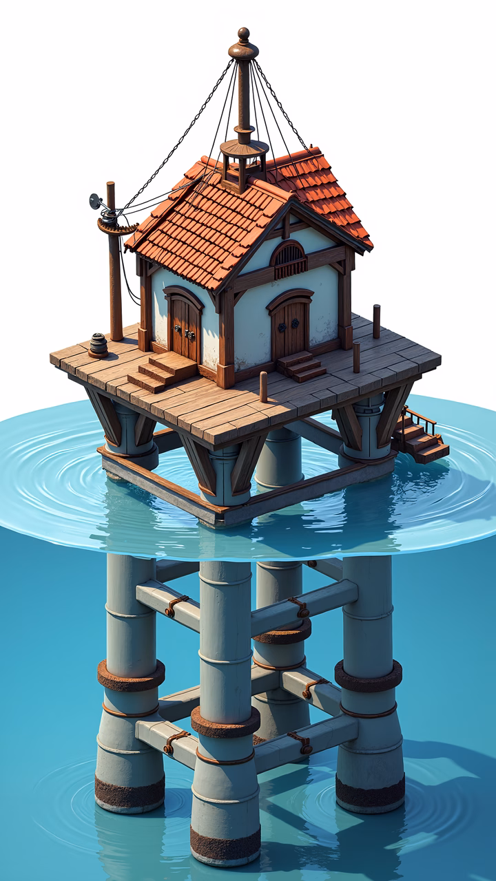 A charming floating house with a rustic design and vibrant colors.