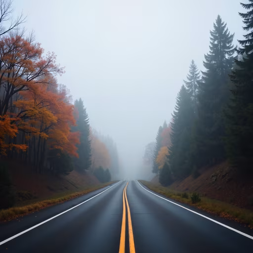 Foggy Road Through Autumn Forest