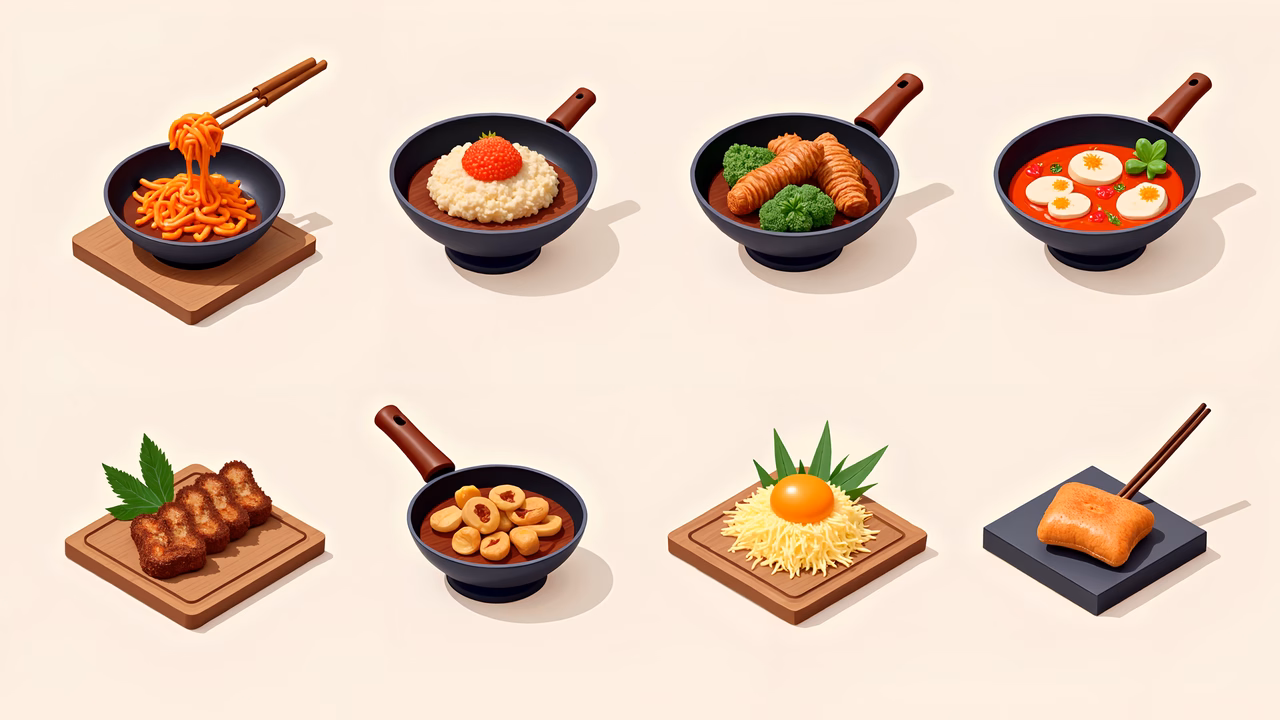 Vibrant food illustrations showcasing various dishes in a modern style.