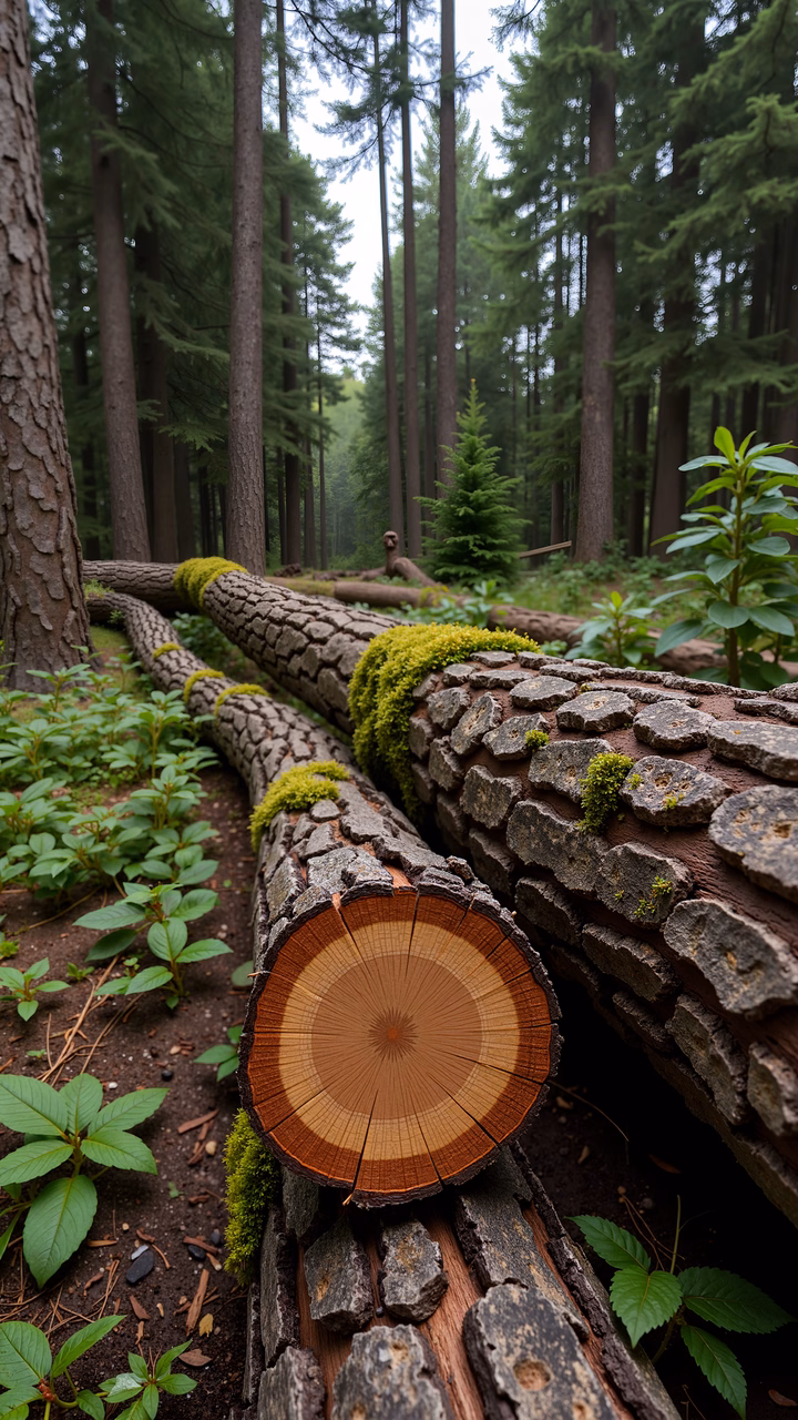 Close-up of a moss-covered fallen tree log in a forest setting.