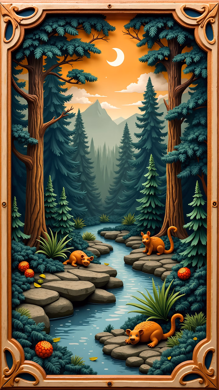A whimsical night scene in a forest with raccoon-like creatures exploring a stream.