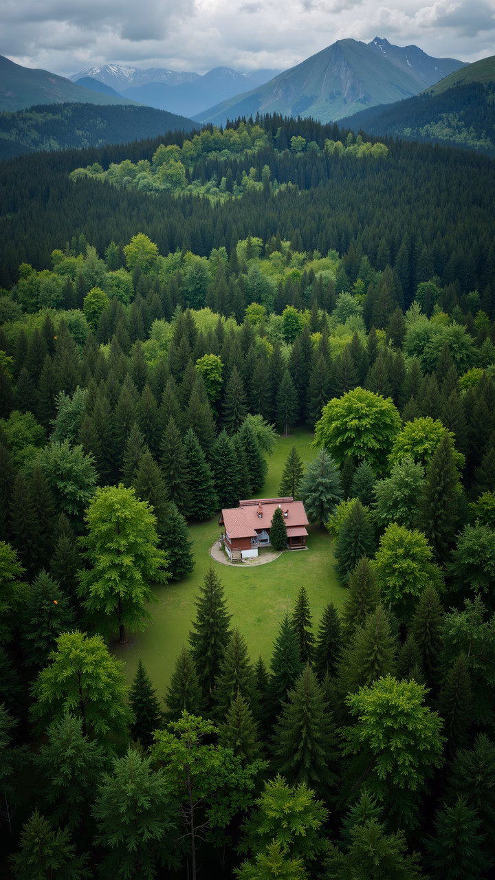 A peaceful retreat surrounded by lush forests and towering mountains.