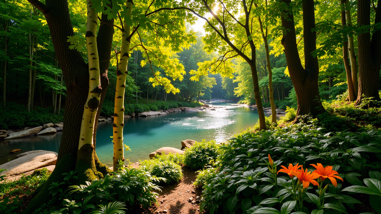 A peaceful forest scene with a clear river and vibrant orange flowers.