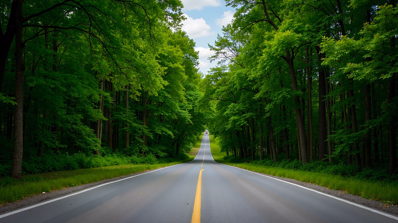 A tranquil forest road with lush greenery and a clear blue sky.