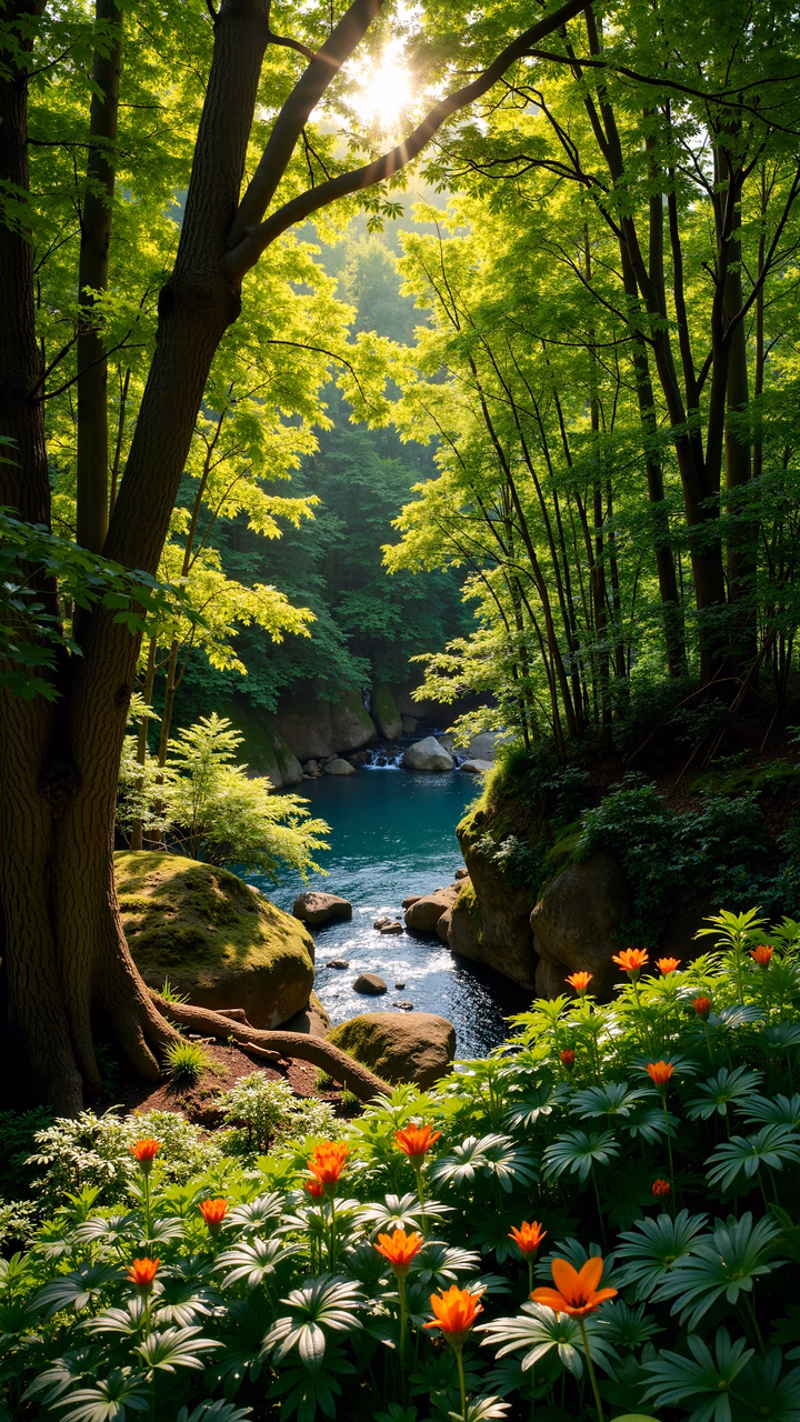 Golden sunlight filters through a lush forest, creating a serene and tranquil scene.