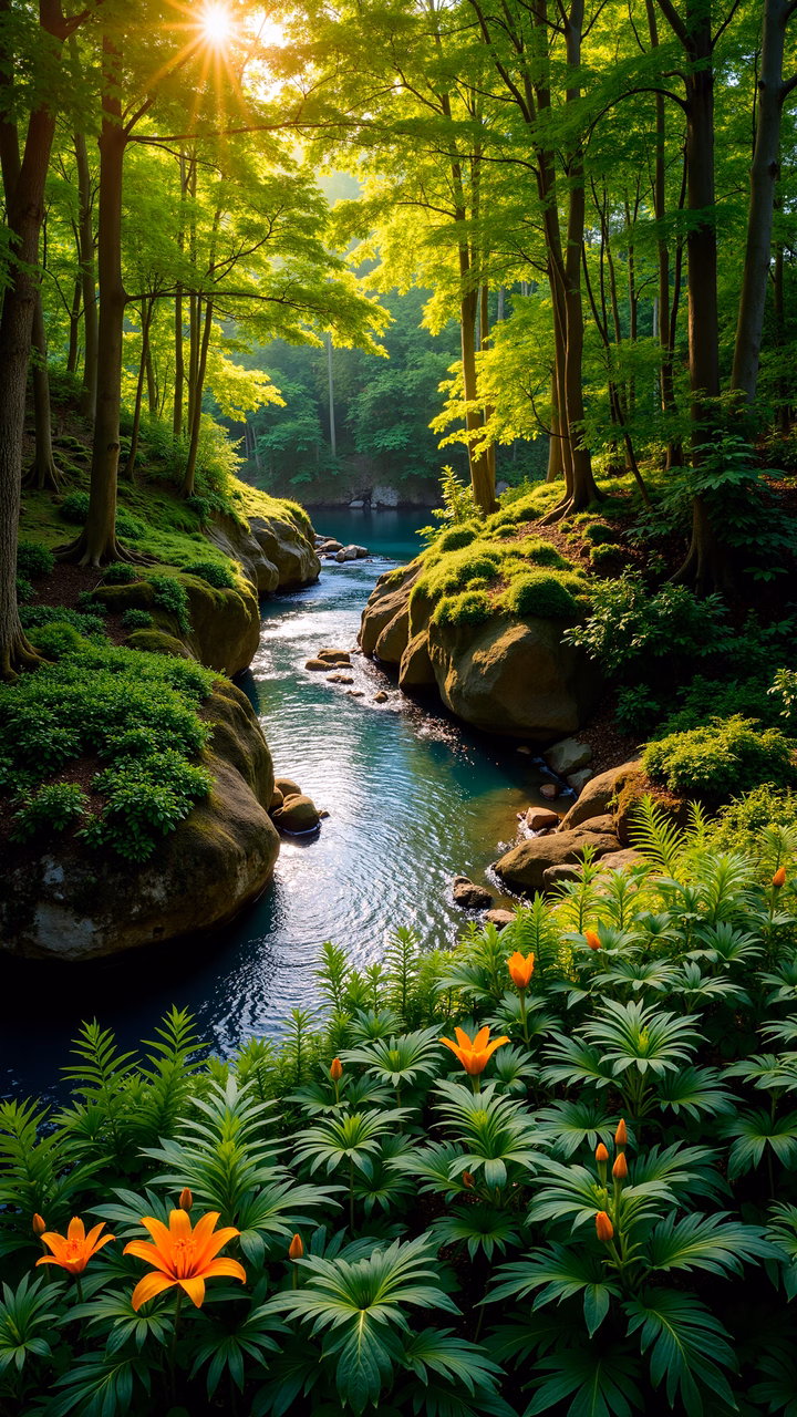 A tranquil forest stream surrounded by vibrant greenery and blooming flowers.