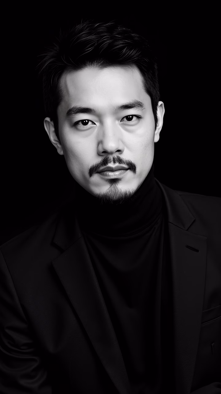A formal black-and-white portrait of a man in elegant attire, capturing a moment of seriousness and sophistication.