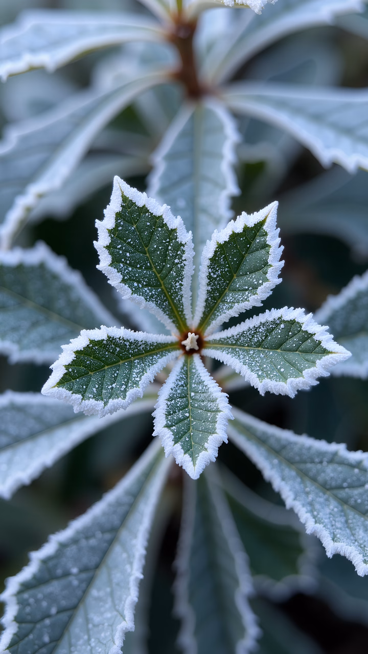 Close-up of frost-covered leaves, showcasing natural beauty and crisp winter atmosphere.