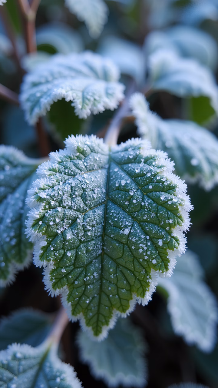 Close-up of frost-covered leaf, vibrant green against white frost, serene winter scene.