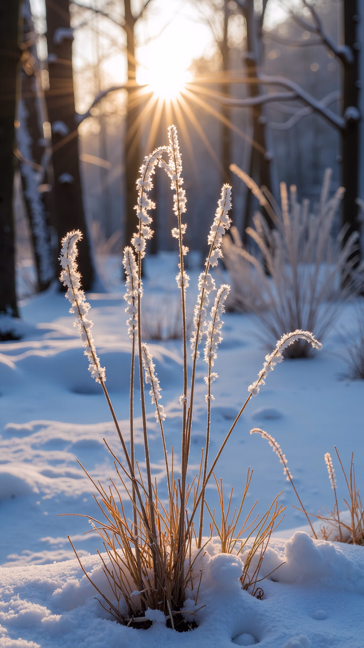 Frosty morning sunbeams illuminating snowy grasses in a peaceful winter landscape.