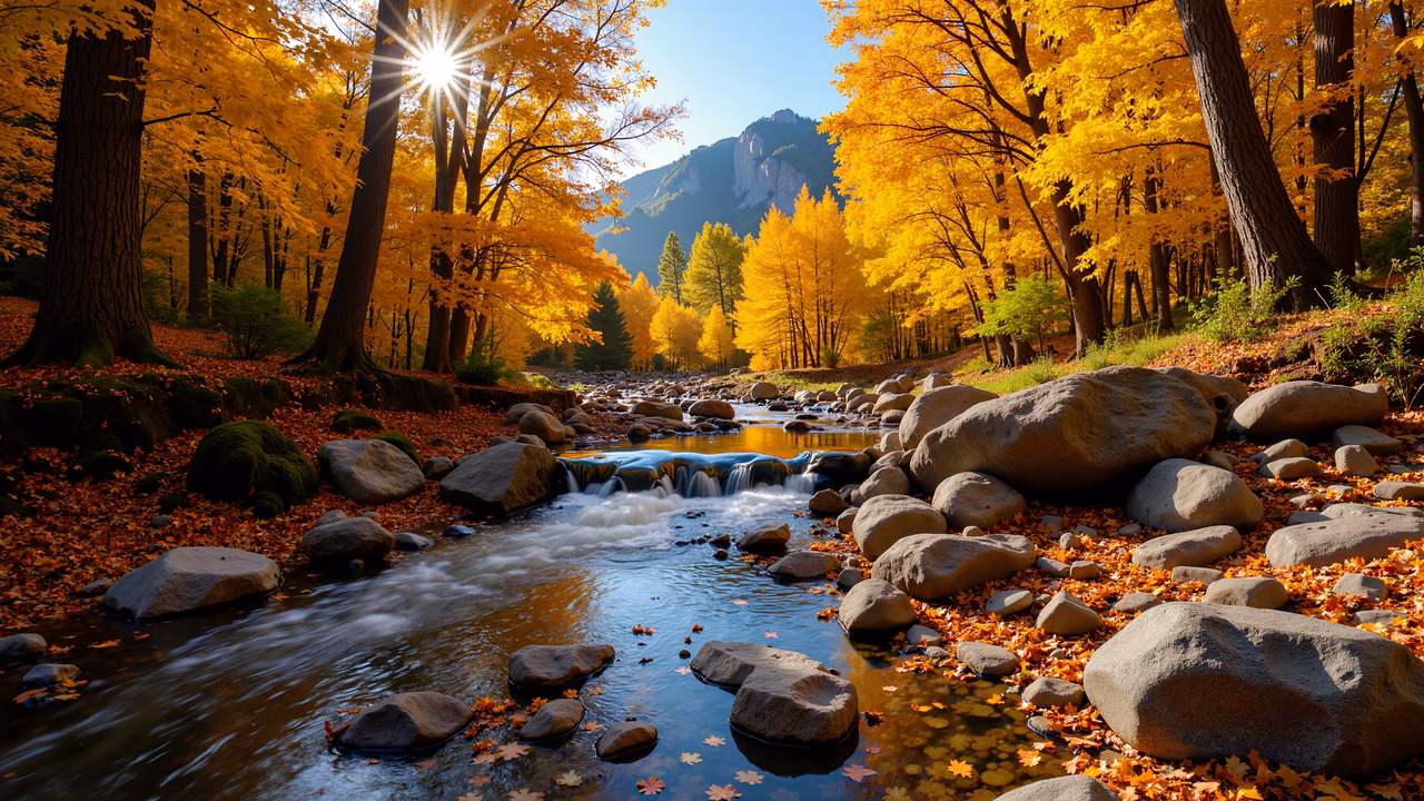 A tranquil autumn stream surrounded by golden leaves and sunlight.