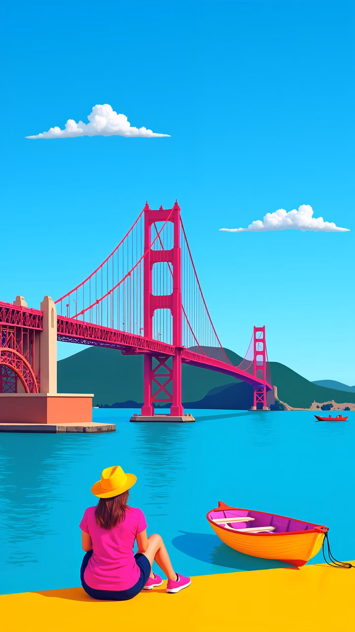 Vibrant cartoon-style illustration of the Golden Gate Bridge with a woman enjoying the view.
