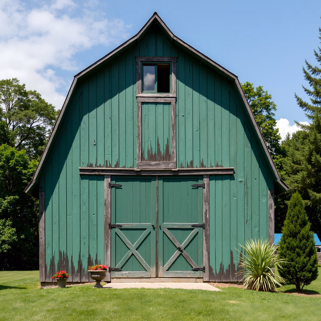 A picturesque green barn set against a clear blue sky, exuding rustic charm and rural tranquility.