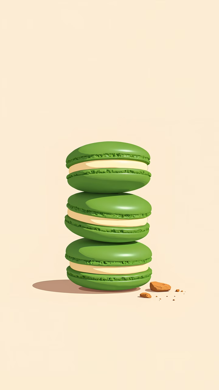 Vibrant green macarons stacked elegantly on a beige background.