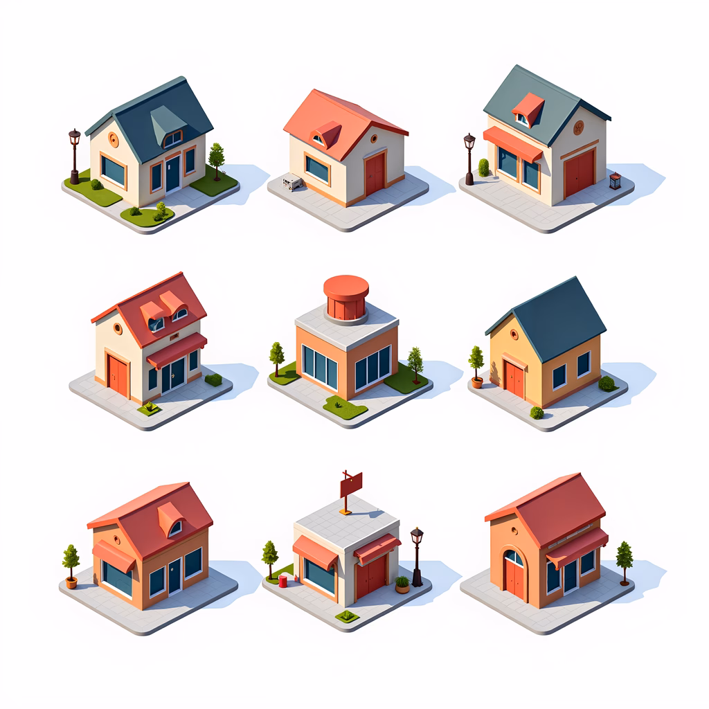 Colorful, isometric houses in a cheerful neighborhood setting.