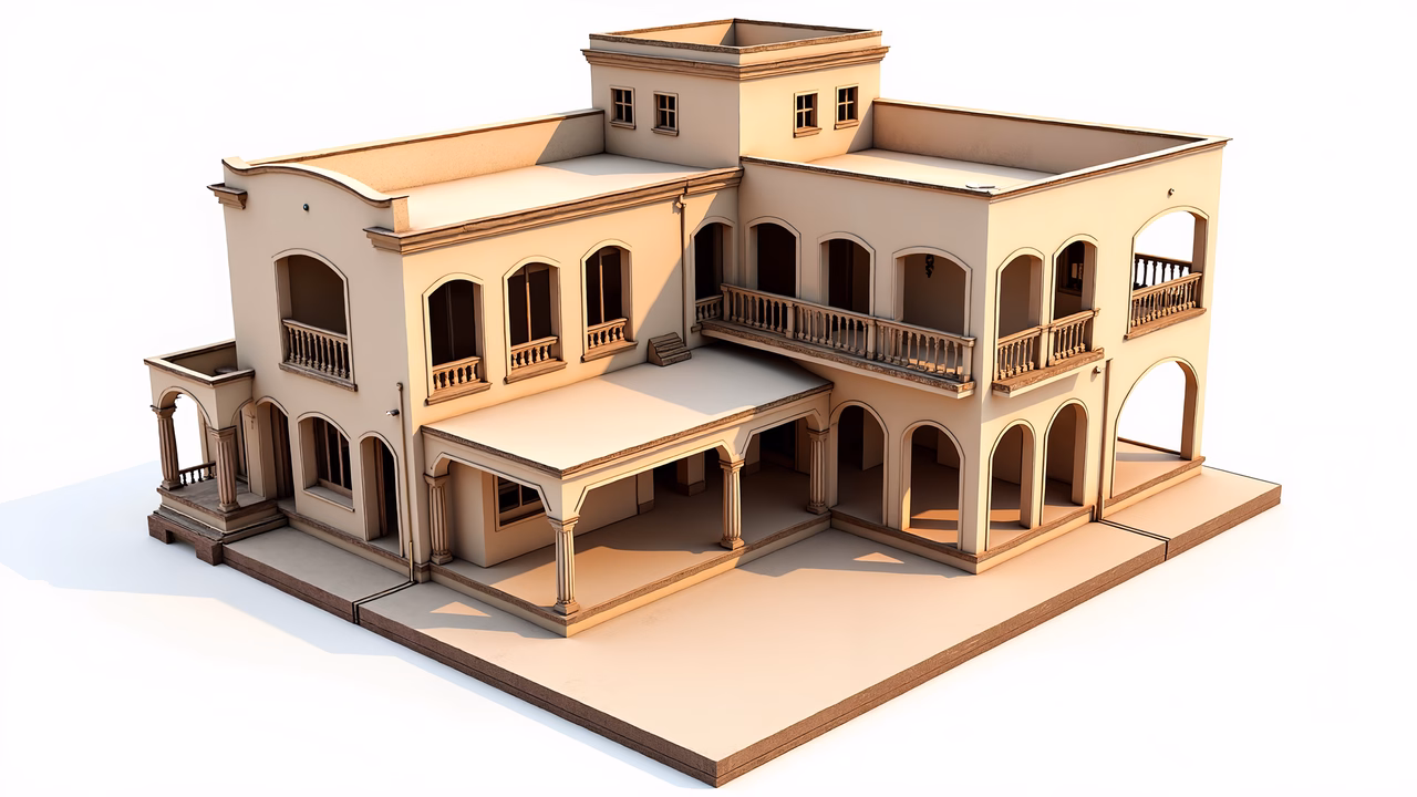 Detailed Mediterranean villa illustration with ornate balconies and warm beige tones.