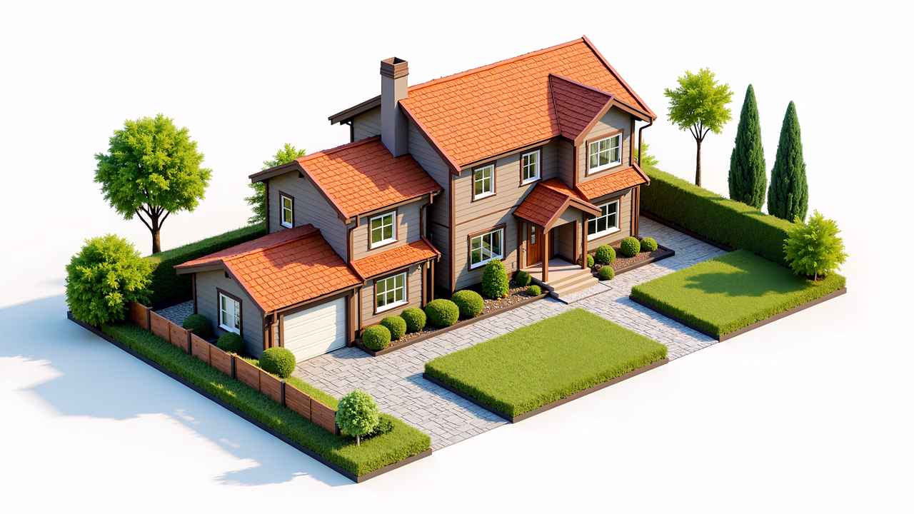 A beautifully illustrated suburban home with a symmetrical design and lush landscaping.