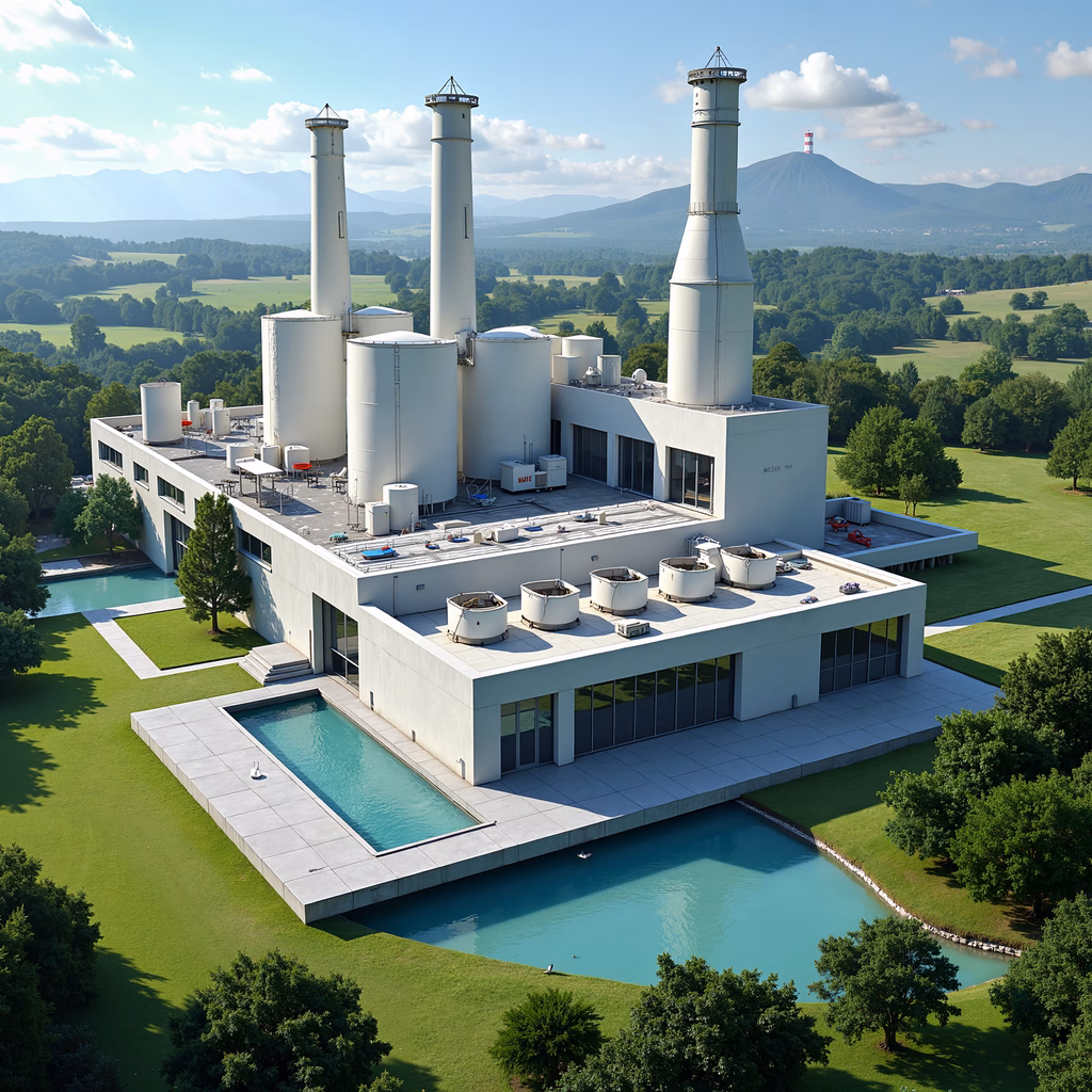 Modern industrial building amidst lush greenery and clear skies.