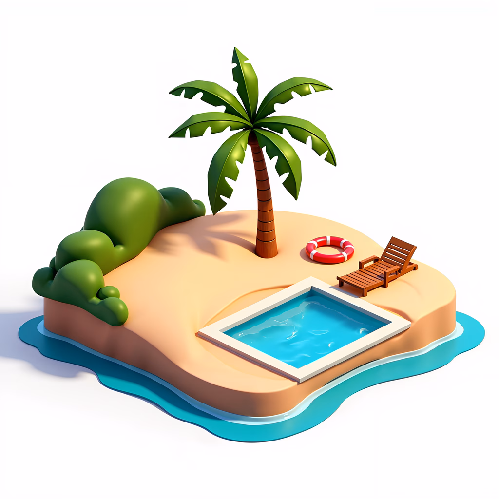 A tranquil tropical paradise with a palm tree, beach, and swimming pool.