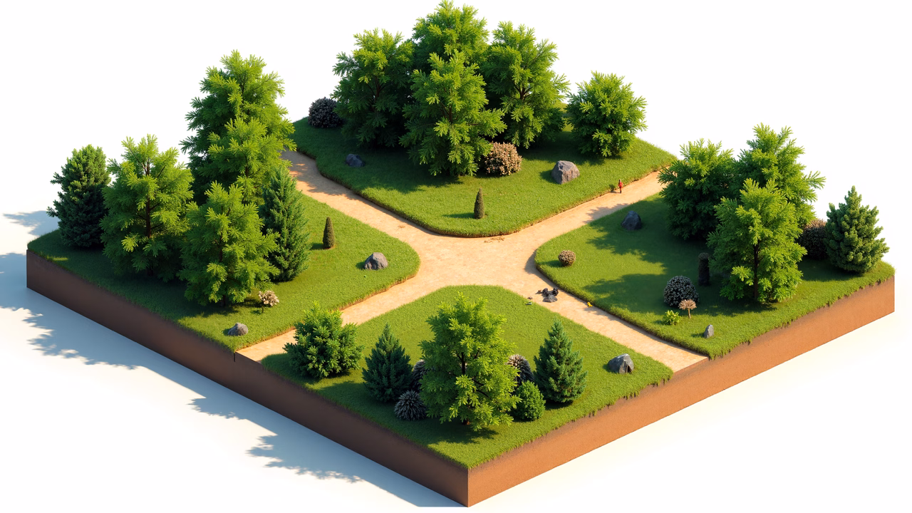 A meticulously designed isometric garden with vibrant greens and earthy paths.