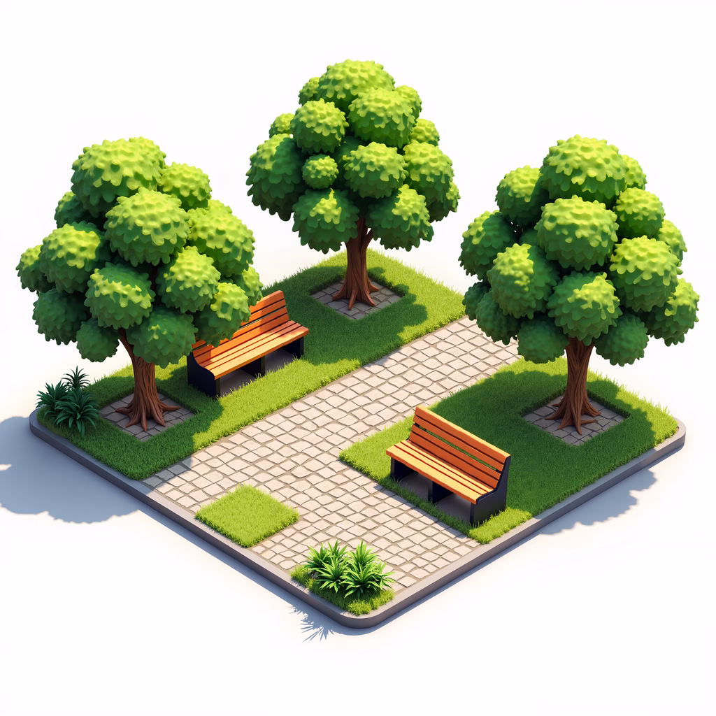 Isometric park scene with greenery and benches, serene and inviting.