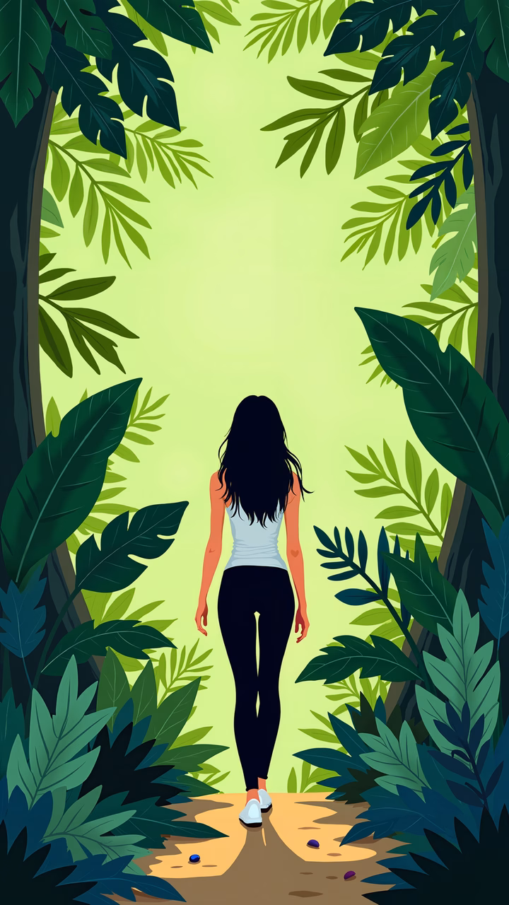 A solitary journey through a vibrant jungle, exploring nature's beauty and mystery.