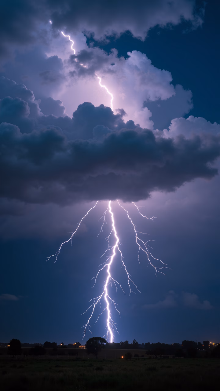 Powerful lightning bolt striking down from a stormy sky, capturing the raw beauty of nature.