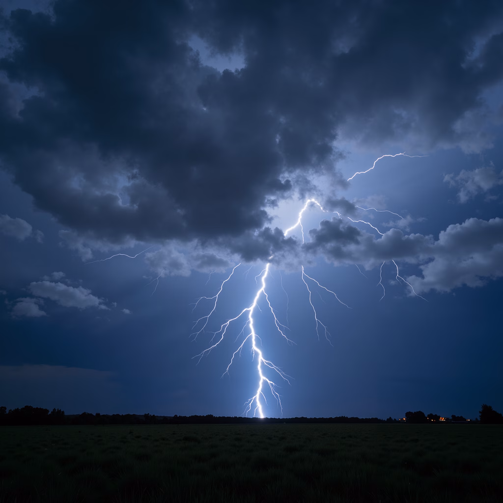 Dramatic lightning bolt in a stormy night sky, capturing the raw power of nature.