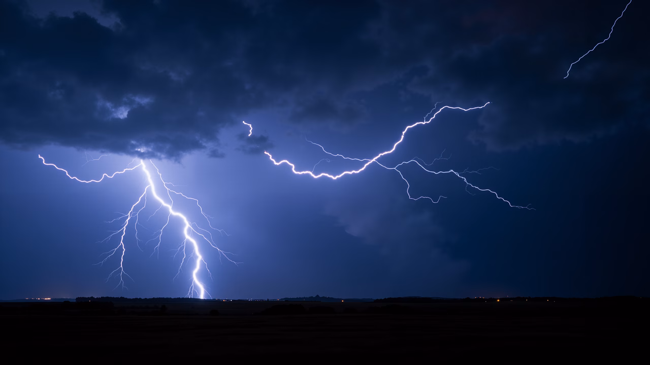 Dramatic lightning storm at night, showcasing nature's raw power.